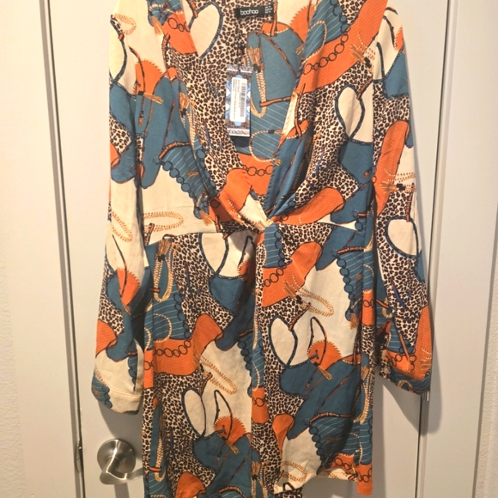 Boohoo Teal Orange Cream Printed Mini Dress